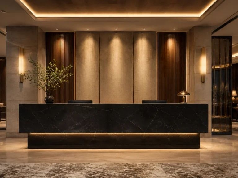 Hotellobby med svart receptionsdisk och varm, dämpad belysning