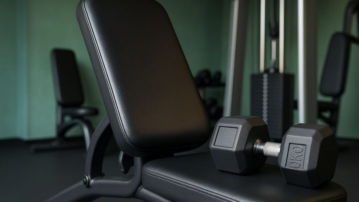 Närbild på en grå justerbar träningsbänk i ett hotellgym.