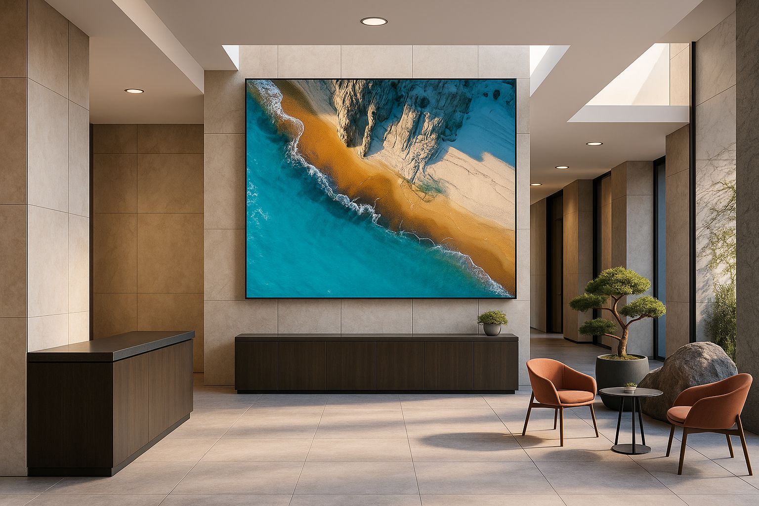 Digitala skärmar i hotellobby visar information och konstverk