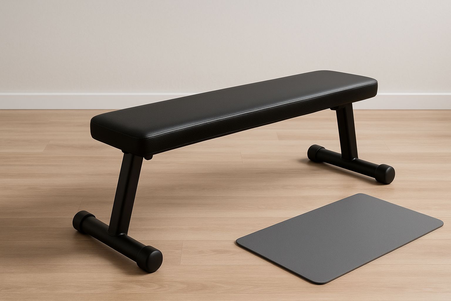 En modern, svart träningsbänk i ett hotellgym, med en kvinna som tränar.